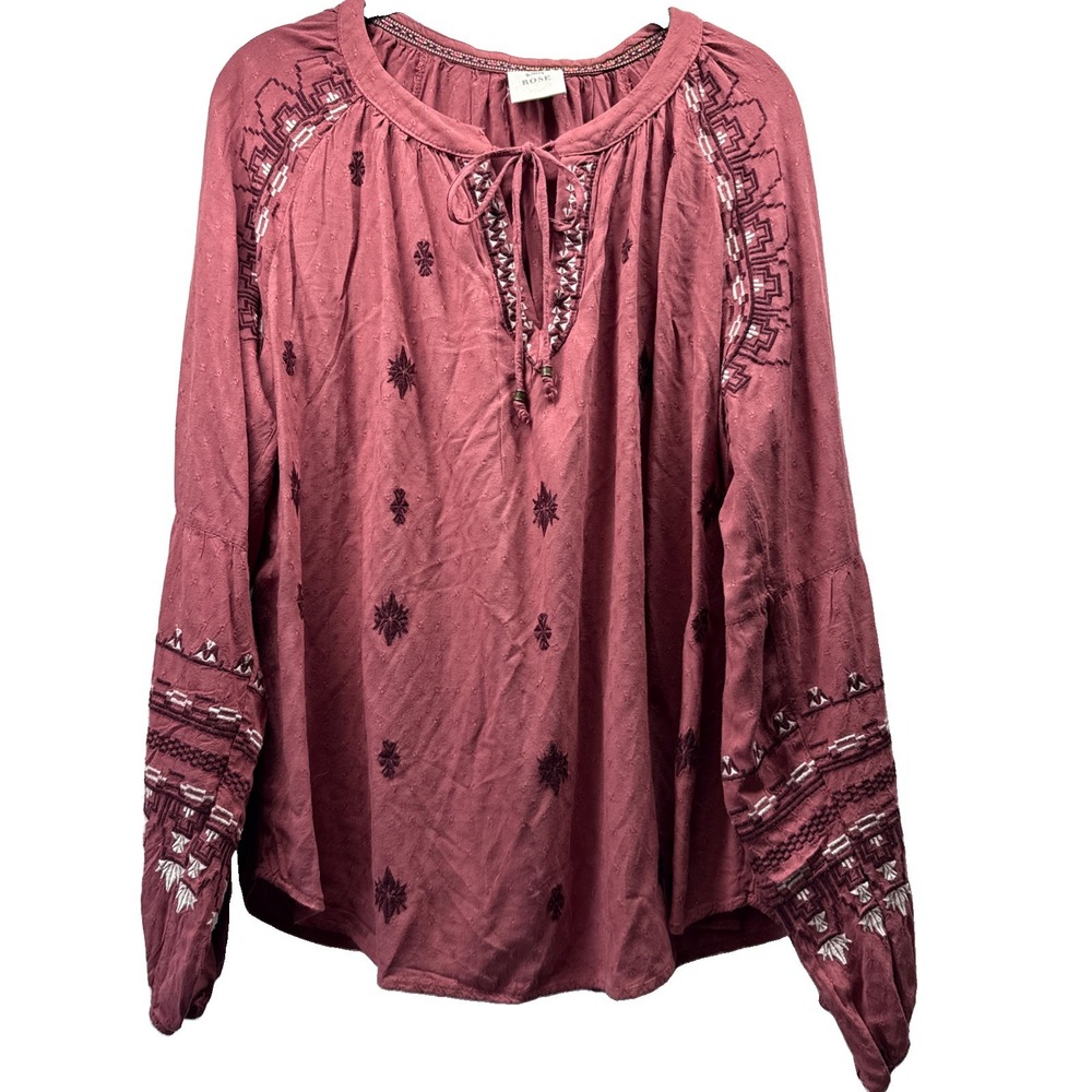 Knox Rose Women's Top Size XL Pink Burgundy White Embroidered Bohemian Pullover